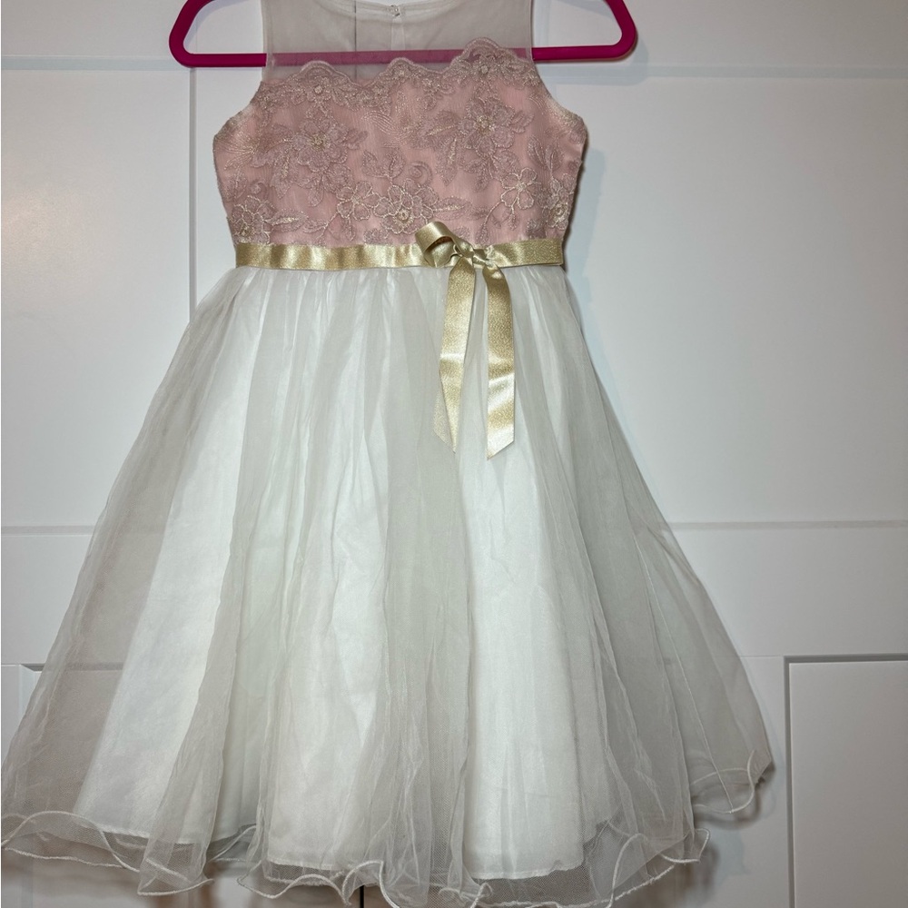 Rare Editions Pink and Cream Formal Dress with Gold Ribbon